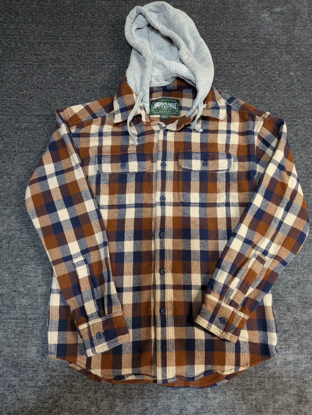 American Eagle Hooded Flannel Shirt Men XS Brown Blue Plaid Button Front